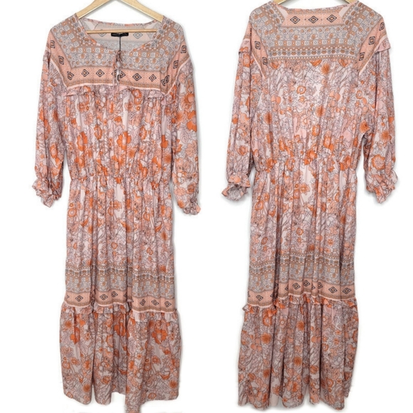Noracora NWT boho maxi long sleeve flowey floral orange and white dress size XL - Picture 1 of 5